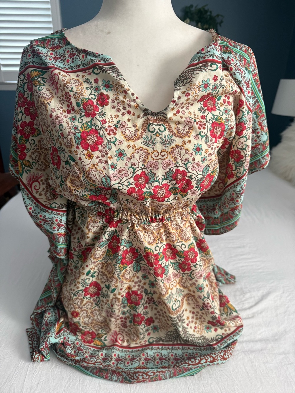 Zara Cream Floral V-Neck Blouse with Red and Green Print